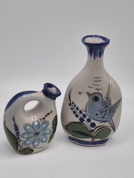 Tonala Other - Mexico Artisans REY SIGNED Hand-Painted Blue Bird & Flower Ceramic Mini Vases 2